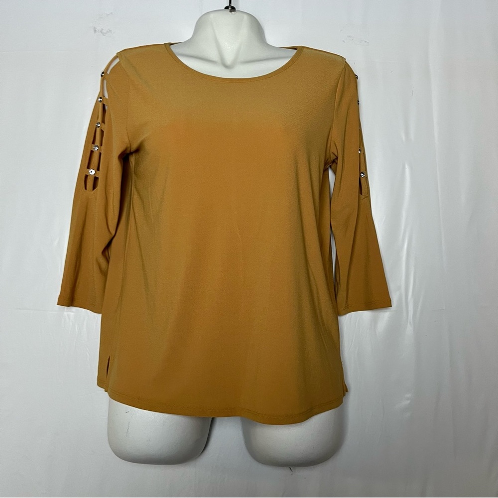 5/$30 89 TH + MADISON women 3/4 sleeve stretch‎ yellow blouse size M petite